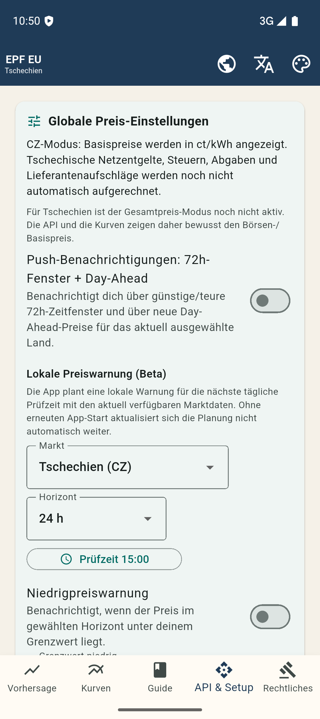 Einstellung für lokale Preiswarnungen in der deutschen Android-App