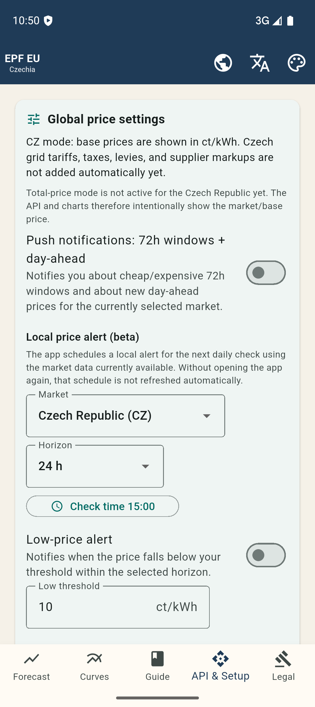 Set price thresholds and the check time directly in the app.